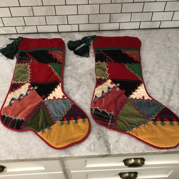 House of Hatten Christmas Stockings Set of 2 Patchwork Velvet Tassel Mantel - Picture 1 of 10